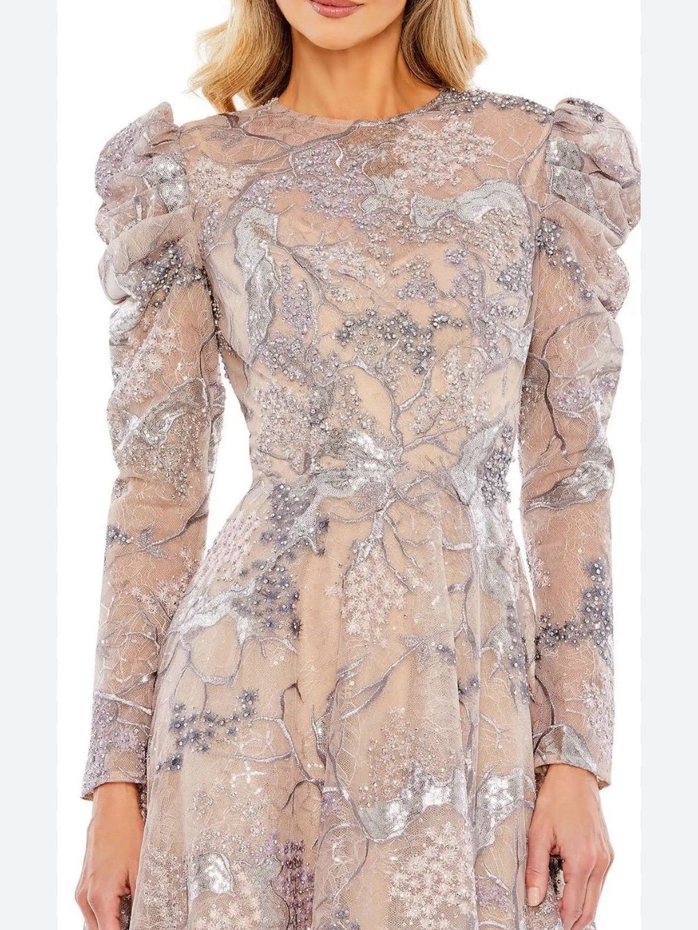 Mac Duggal 20326 Embellished High Neck Long Puff Sleeve Maxi Gown | 8 - Picture 3 of 10